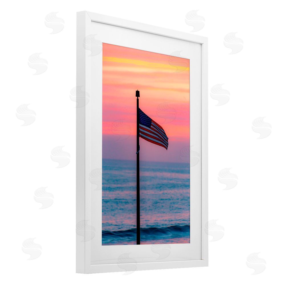 Jeff Poe Photography USA Flag Against Sunset White Framed Print Under Glass with Mat Wall Art
