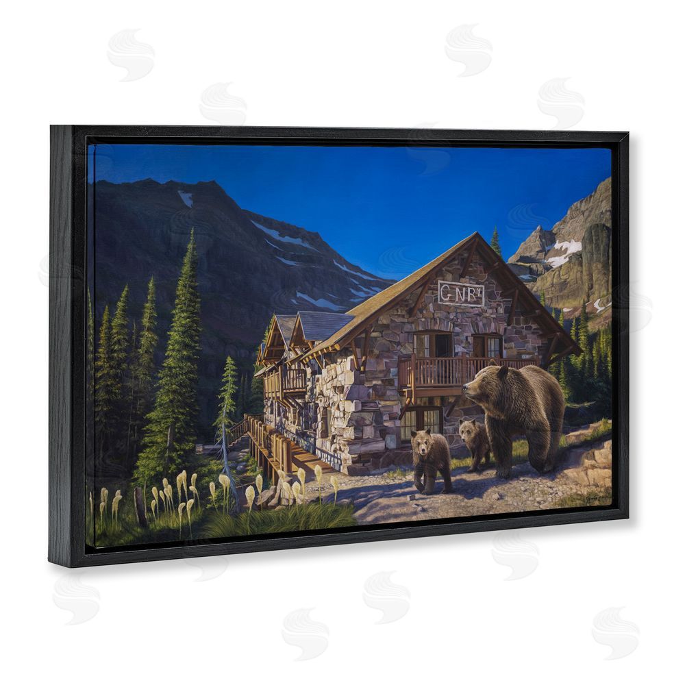 James Corwin Forest Cabin & Bears Black Floating Frame Canvas Wall Art Print