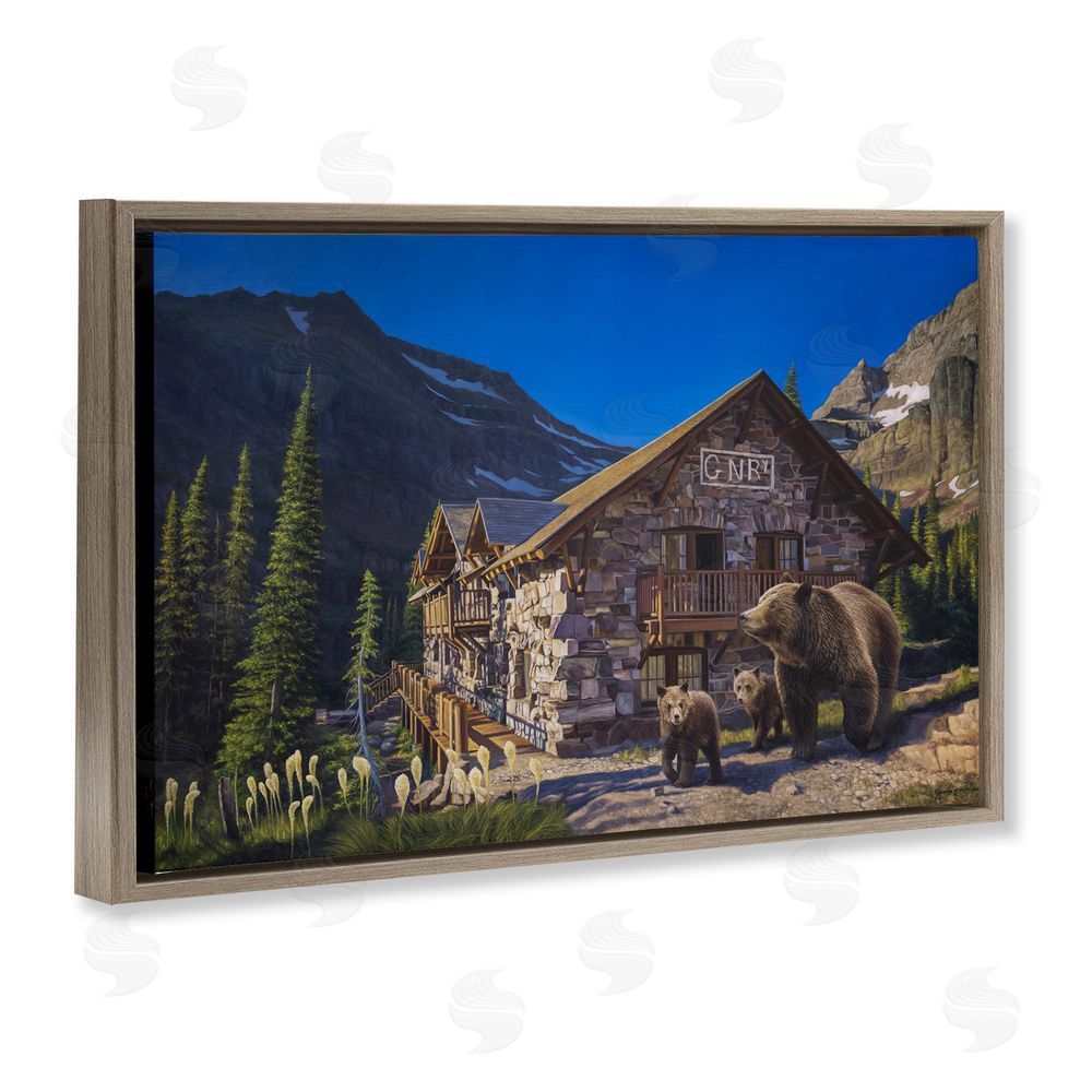 James Corwin Forest Cabin & Bears Brown Floating Frame Canvas Wall Art Print