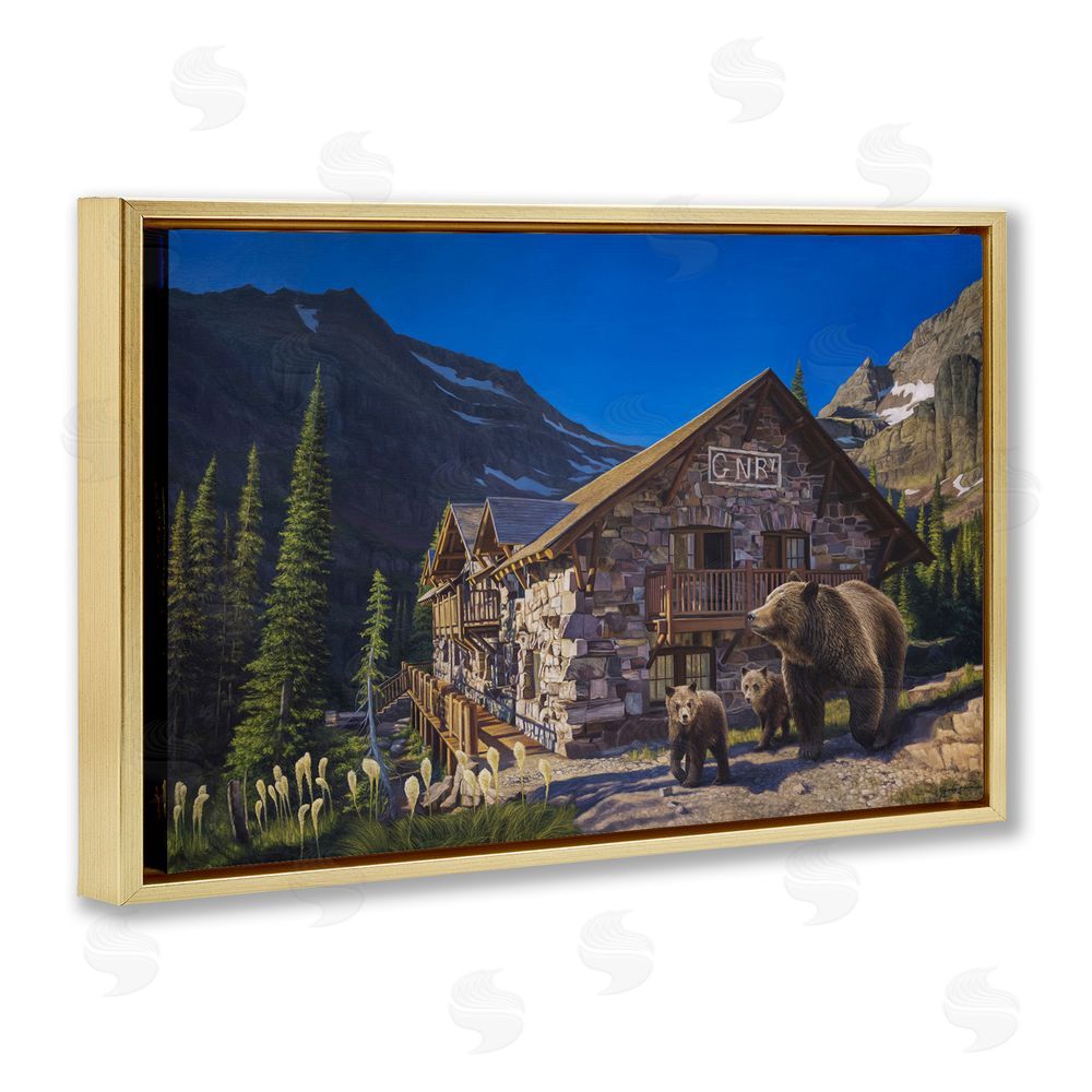 James Corwin Forest Cabin & Bears Gold Floating Frame Canvas Wall Art Print