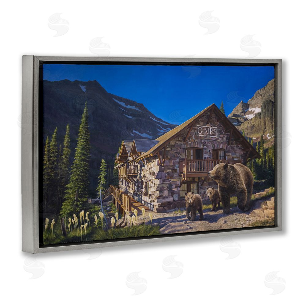 James Corwin Forest Cabin & Bears Gray Floating Frame Canvas Wall Art Print