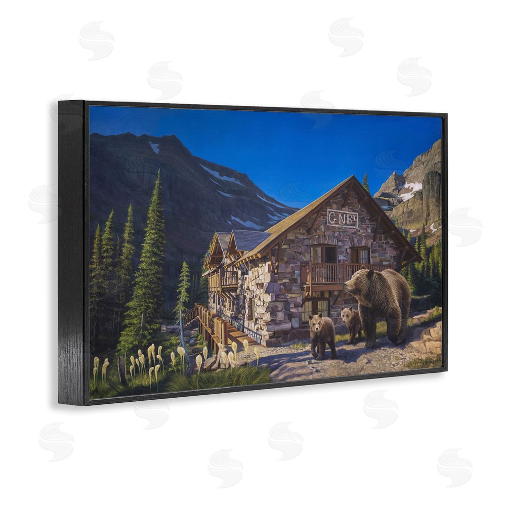 James Corwin Forest Cabin & Bears Black Framed Giclee Wall Art Print