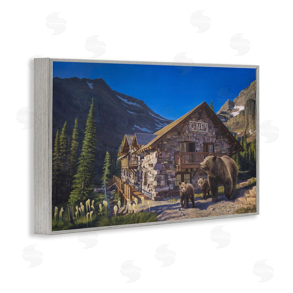James Corwin Forest Cabin & Bears Gray Framed Giclee Wall Art Print