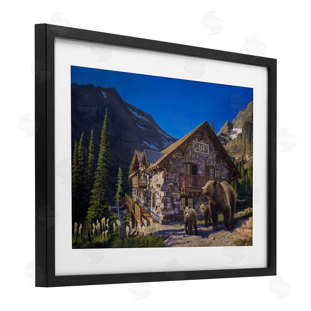 James Corwin Forest Cabin & Bears Black Framed Print Under Glass with White Mat Wall Art