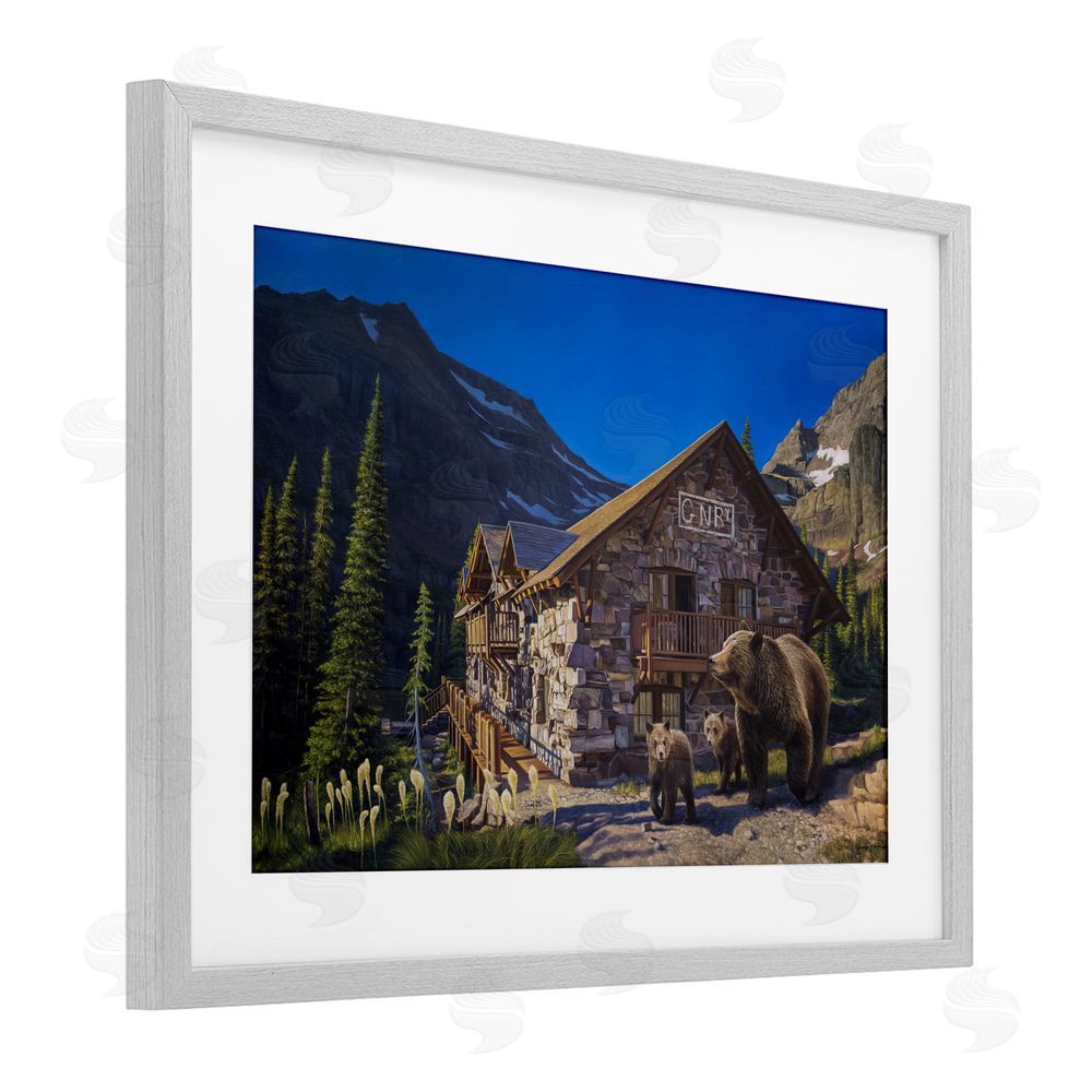 James Corwin Forest Cabin & Bears Gray Framed Print Under Glass with White Mat Wall Art