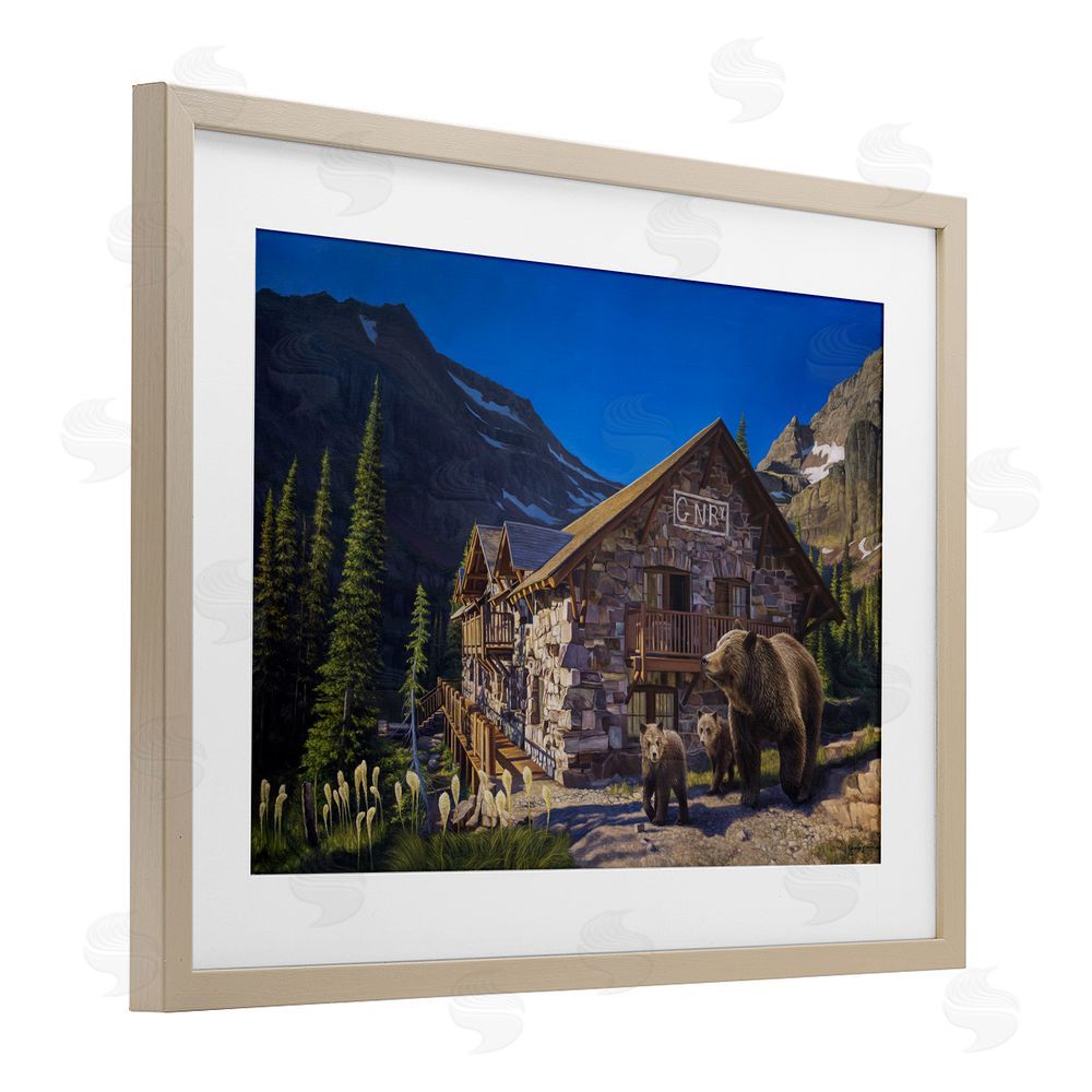 James Corwin Forest Cabin & Bears Birch Framed Print Under Glass with White Mat Wall Art