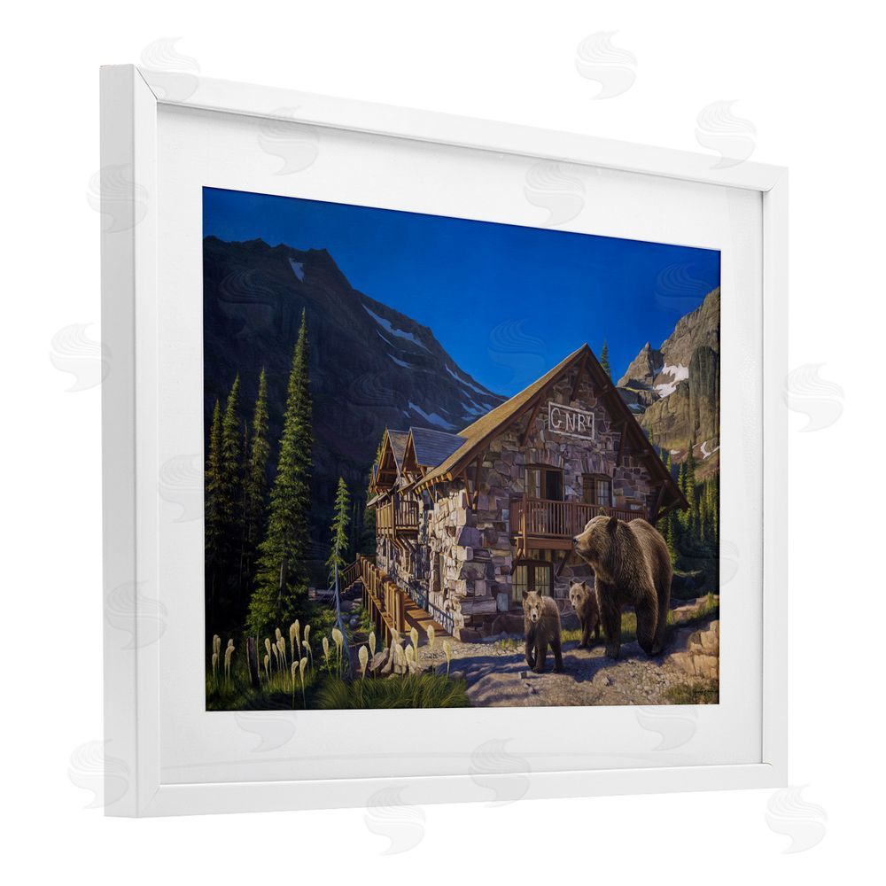 James Corwin Forest Cabin & Bears White Framed Print Under Glass with Mat Wall Art