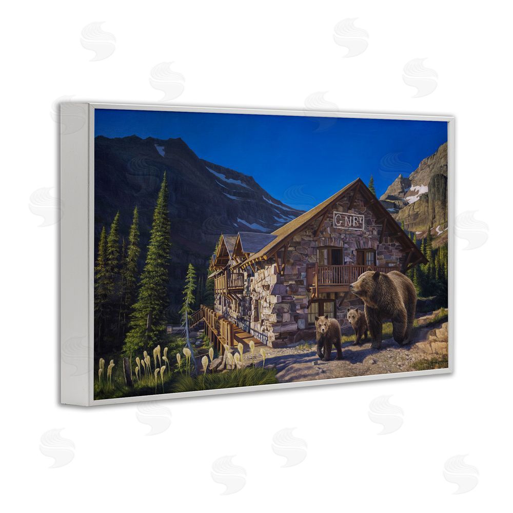 James Corwin Forest Cabin & Bears White Framed Giclee Wall Art Print
