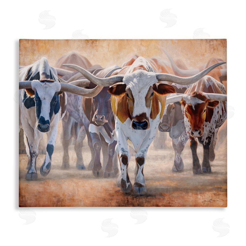 James Corwin Trotting Longhorn Cattle Canvas Wall Art Print