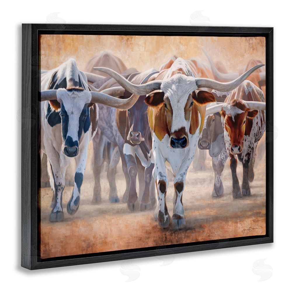 James Corwin Trotting Longhorn Cattle Black Floating Frame Canvas Wall Art Print