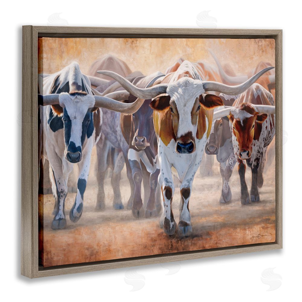 James Corwin Trotting Longhorn Cattle Brown Floating Frame Canvas Wall Art Print