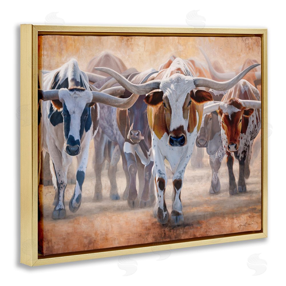 James Corwin Trotting Longhorn Cattle Gold Floating Frame Canvas Wall Art Print