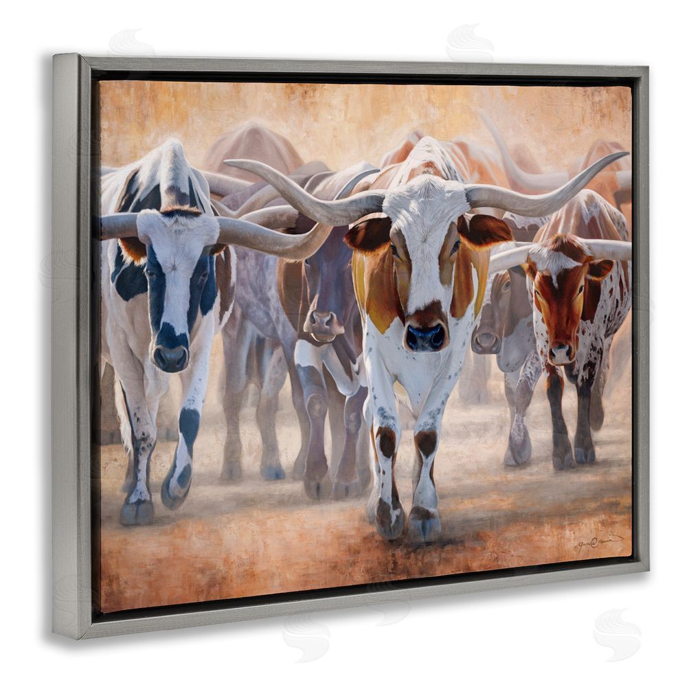 James Corwin Trotting Longhorn Cattle Gray Floating Frame Canvas Wall Art Print