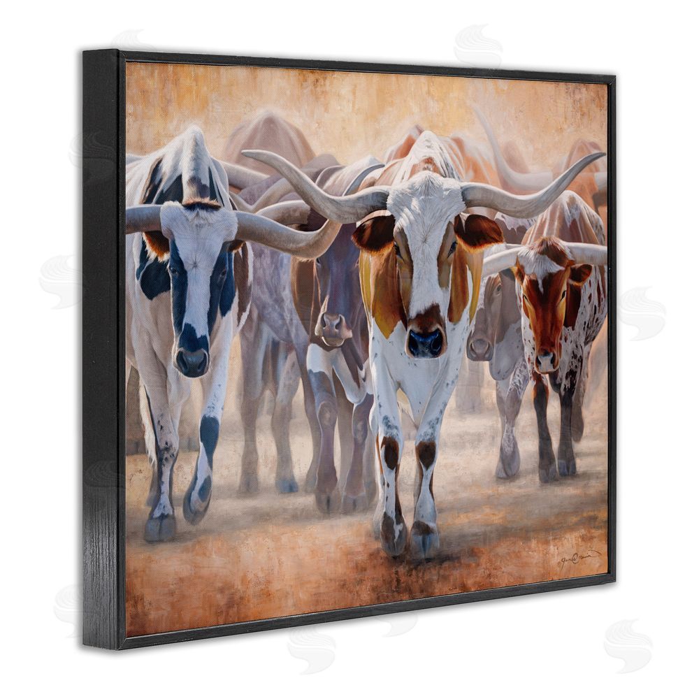 James Corwin Trotting Longhorn Cattle Black Framed Giclee Wall Art Print