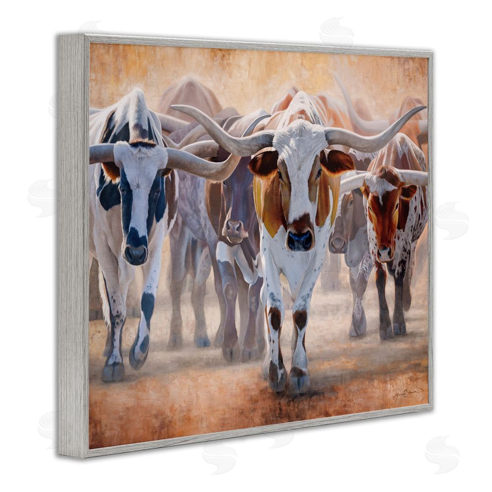 James Corwin Trotting Longhorn Cattle Gray Framed Giclee Wall Art Print