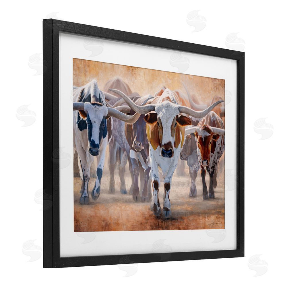 James Corwin Trotting Longhorn Cattle Black Framed Print Under Glass with White Mat Wall Art