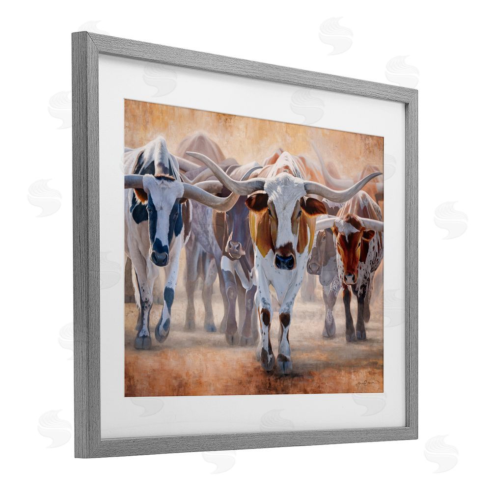 James Corwin Trotting Longhorn Cattle Gray Framed Print Under Glass with White Mat Wall Art