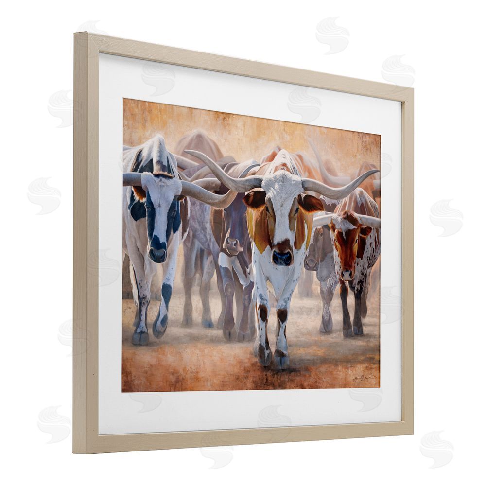 James Corwin Trotting Longhorn Cattle Birch Framed Print Under Glass with White Mat Wall Art