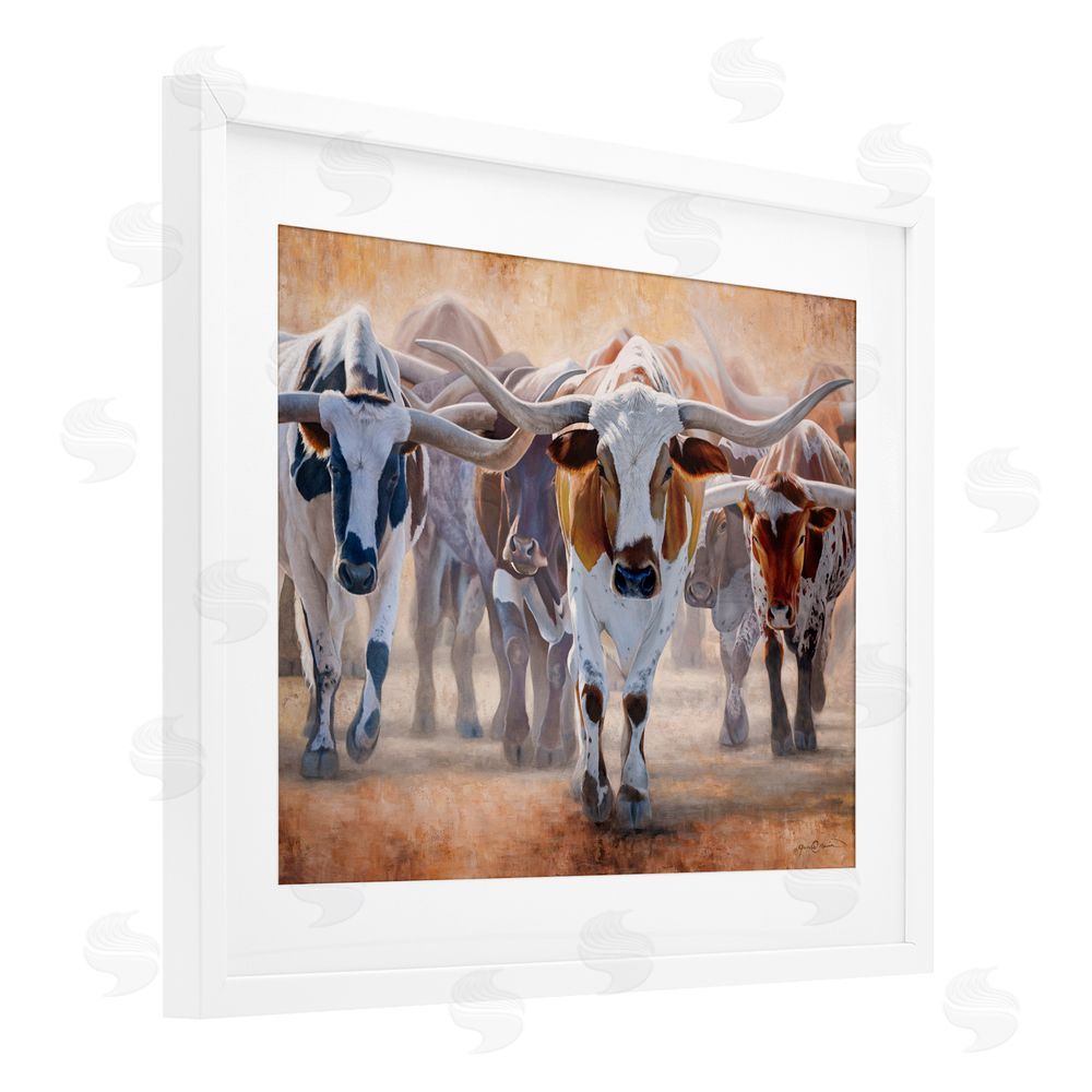 James Corwin Trotting Longhorn Cattle White Framed Print Under Glass with Mat Wall Art