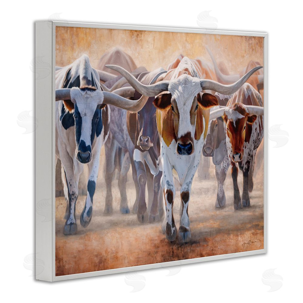 James Corwin Trotting Longhorn Cattle White Framed Giclee Wall Art Print