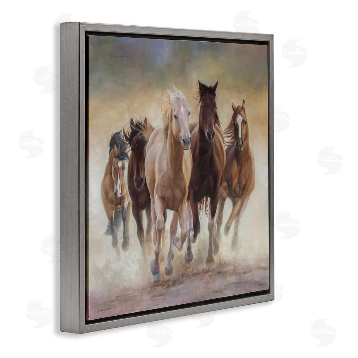 James Corwin Strong Galloping Horses Gray Floating Frame Canvas Wall Art Print