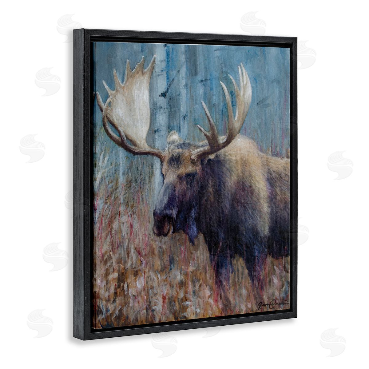 James Corwin Expressive Moose in Forest Black Floating Frame Canvas Wall Art Print