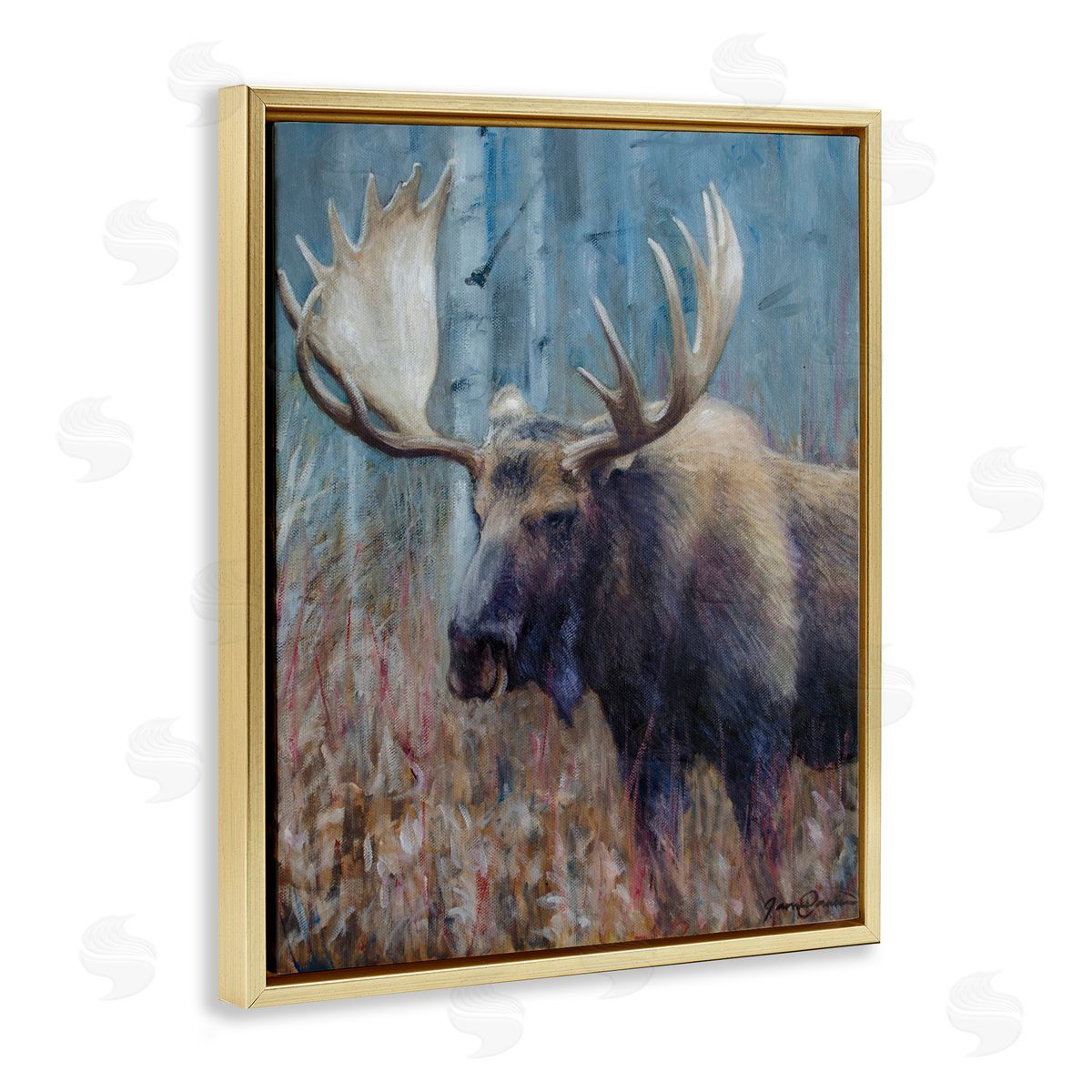 James Corwin Expressive Moose in Forest Gold Floating Frame Canvas Wall Art Print