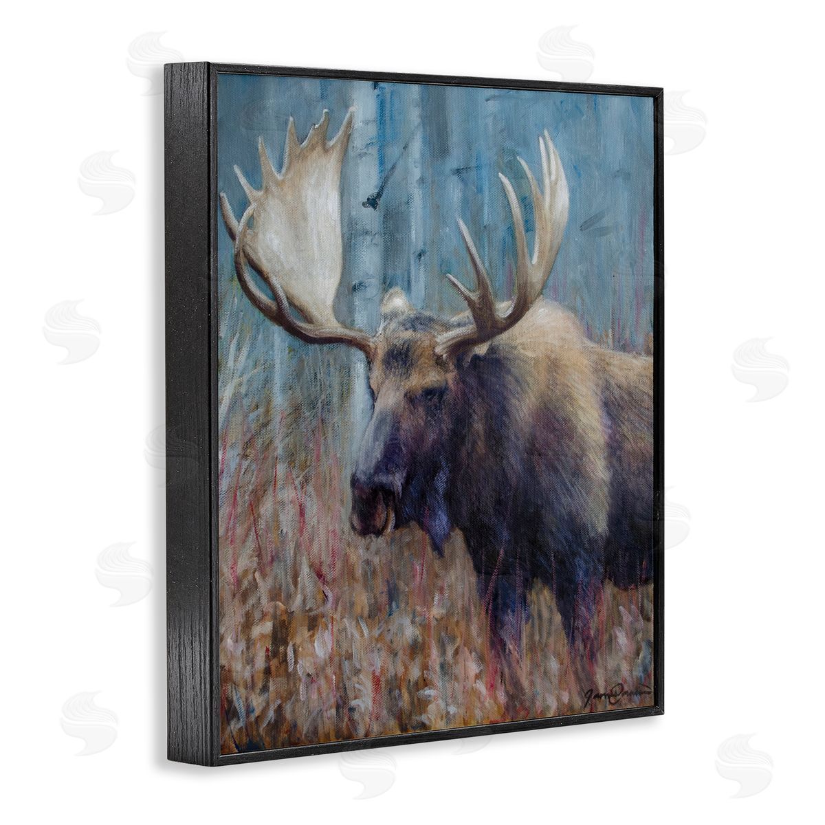 James Corwin Expressive Moose in Forest Black Framed Giclee Wall Art Print