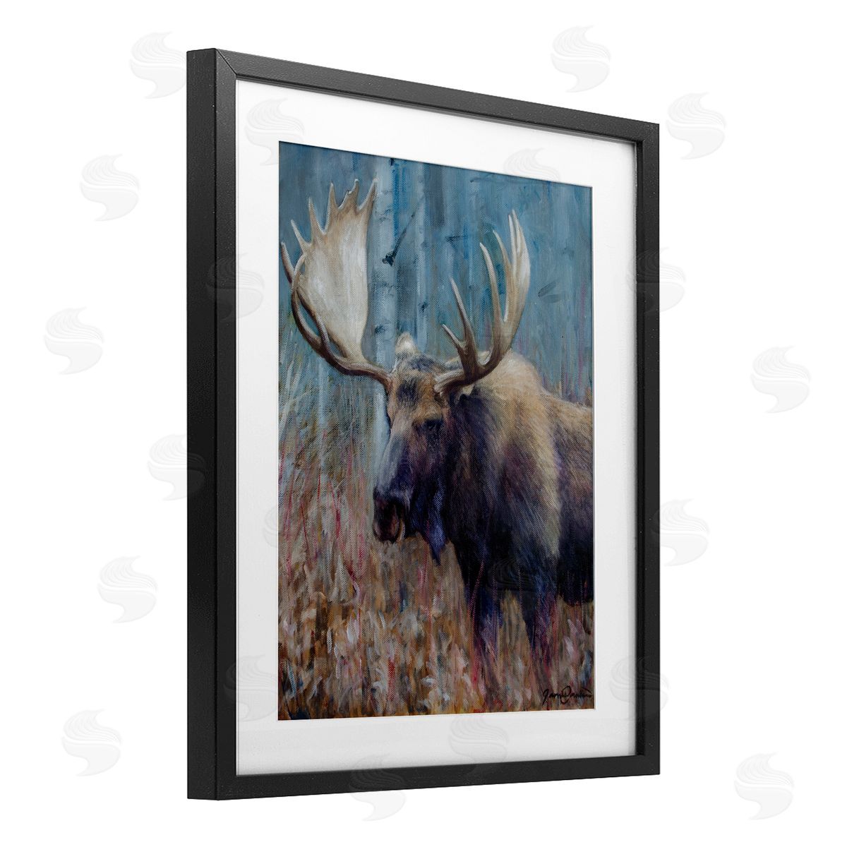 James Corwin Expressive Moose in Forest Black Framed Print Under Glass with White Mat Wall Art