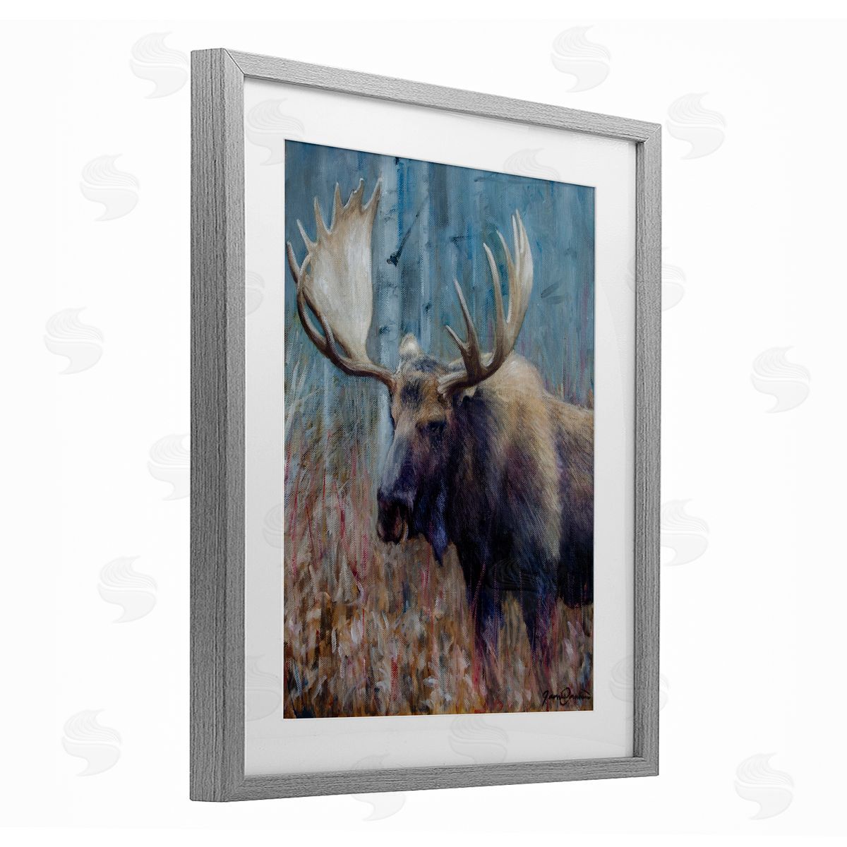 James Corwin Expressive Moose in Forest Gray Framed Print Under Glass with White Mat Wall Art