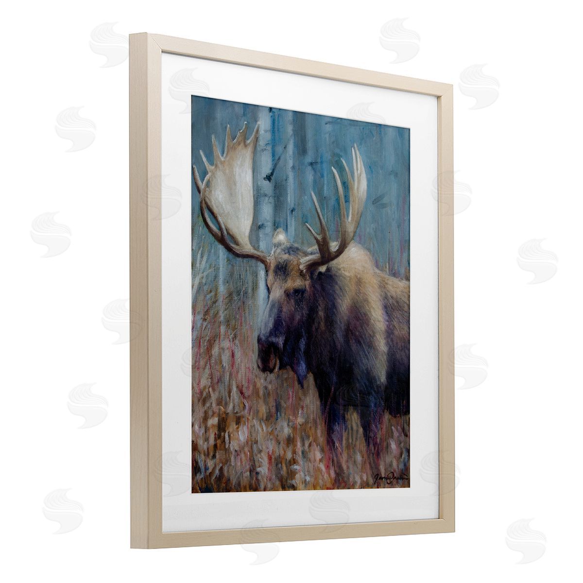 James Corwin Expressive Moose in Forest Birch Framed Print Under Glass with White Mat Wall Art