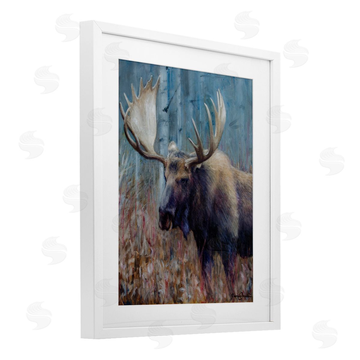 James Corwin Expressive Moose in Forest White Framed Print Under Glass with Mat Wall Art