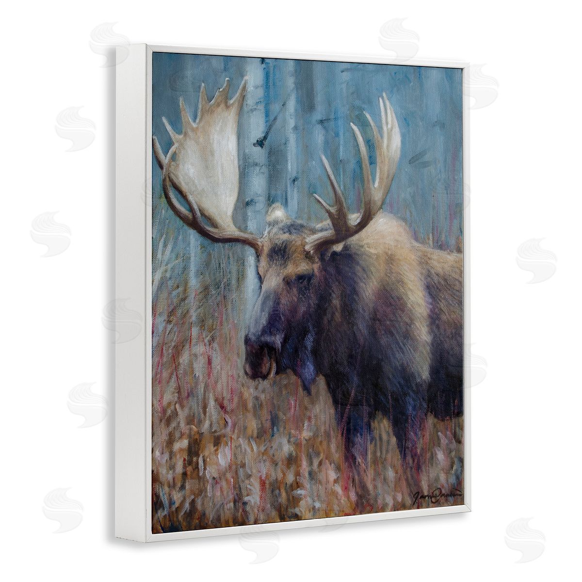 James Corwin Expressive Moose in Forest White Framed Giclee Wall Art Print