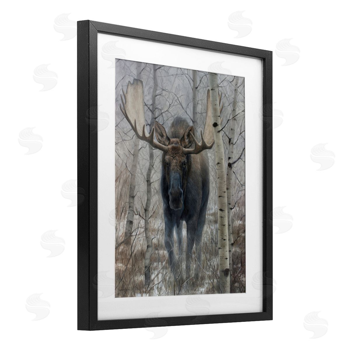 James Corwin Moose in Winter Birch Forest Black Framed Print Under Glass with White Mat Wall Art