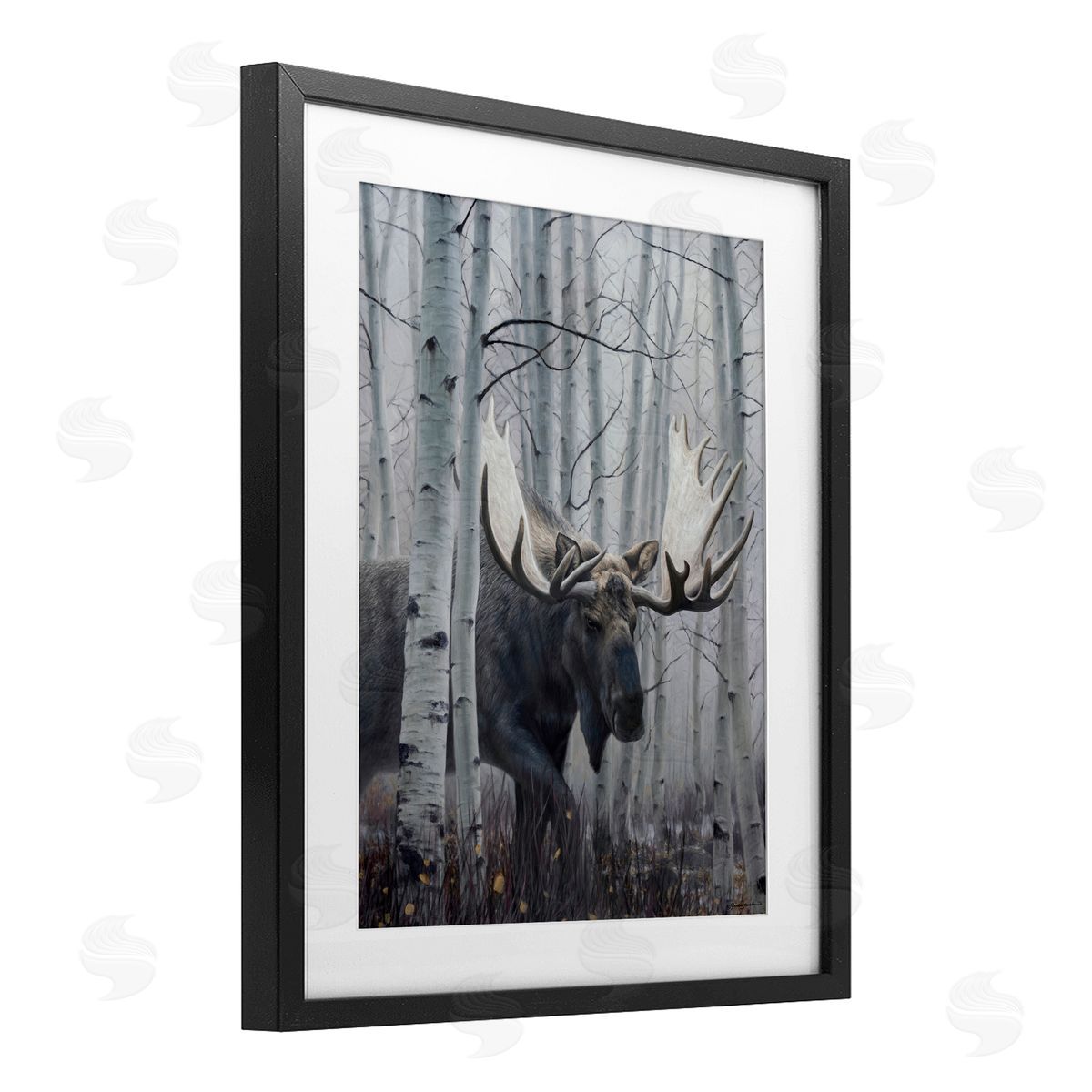 James Corwin Moose Peering in Birch Woods Black Framed Print Under Glass with White Mat Wall Art