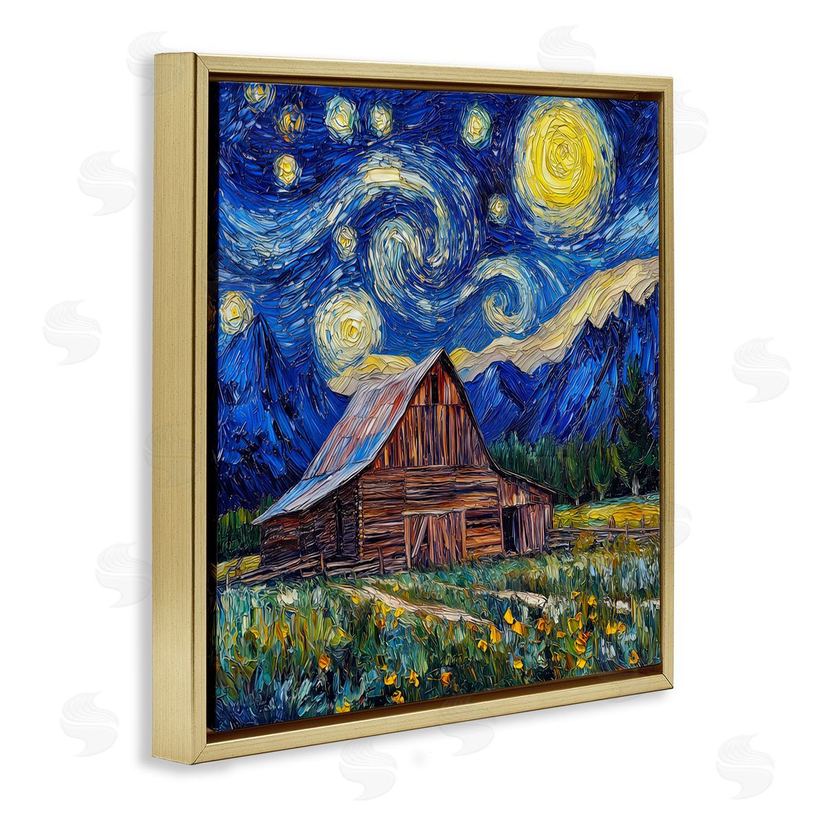 Wumples Grand Teton in Post Impressionist Style Gold Floating Frame Canvas Wall Art Print