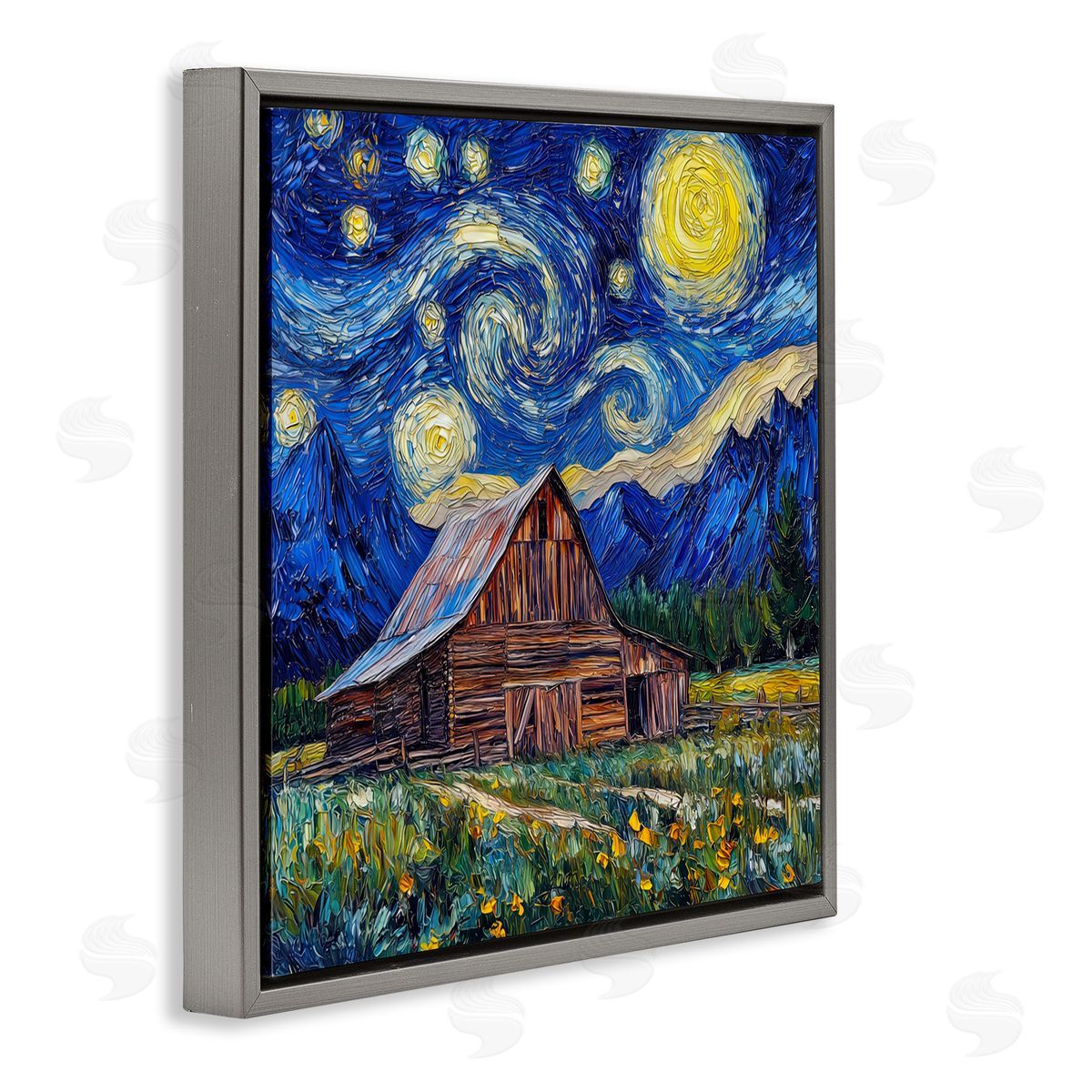 Wumples Grand Teton in Post Impressionist Style Gray Floating Frame Canvas Wall Art Print
