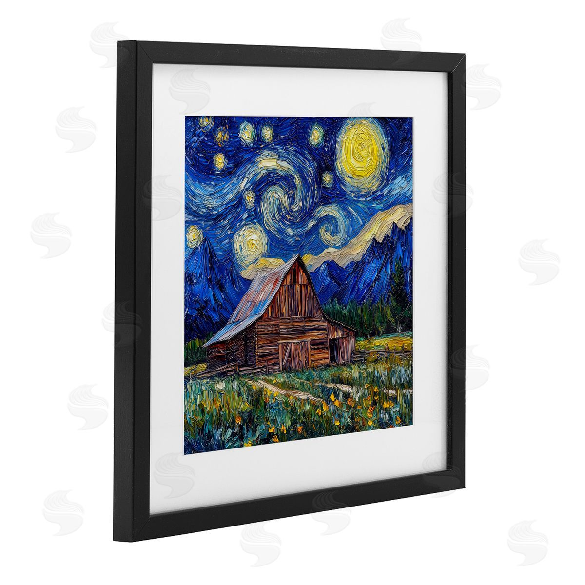 Wumples Grand Teton in Post Impressionist Style Black Framed Print Under Glass with White Mat Wall Art