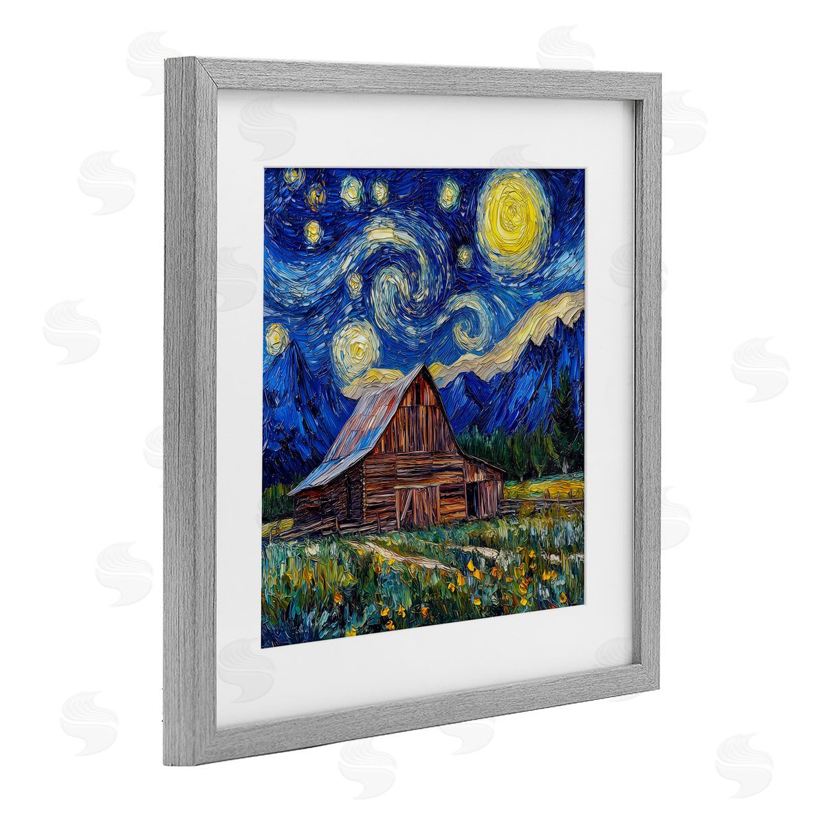 Wumples Grand Teton in Post Impressionist Style Gray Framed Print Under Glass with White Mat Wall Art