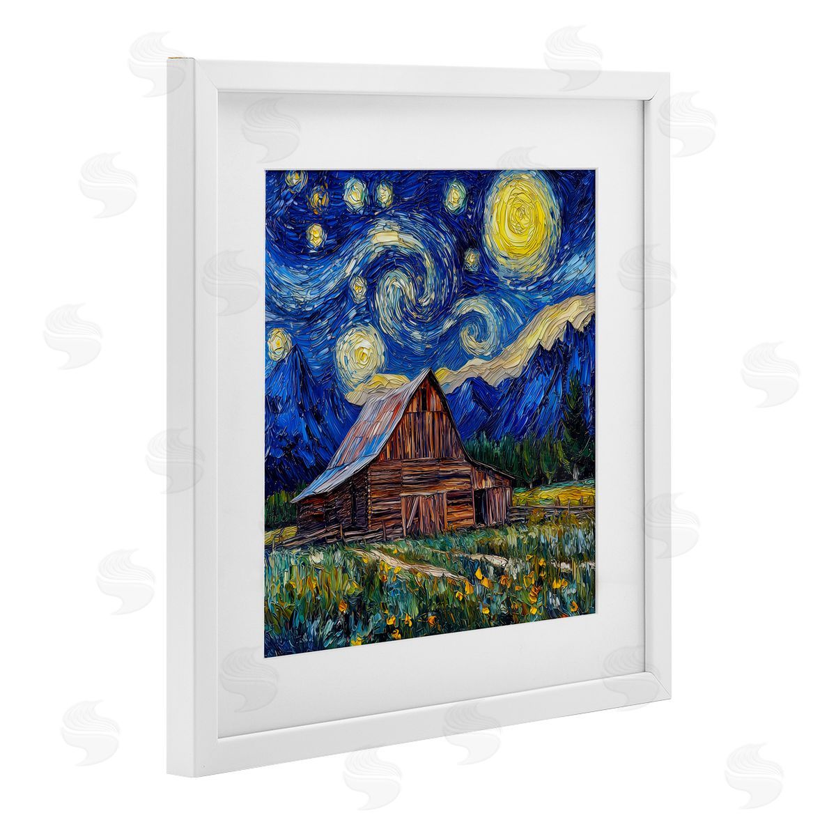 Wumples Grand Teton in Post Impressionist Style White Framed Print Under Glass with Mat Wall Art