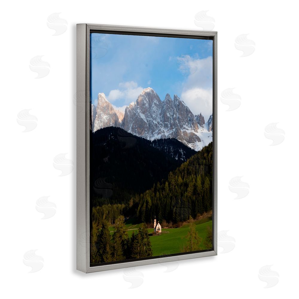 Jared Kreiss Lone Chapel in Dolomites Gray Floating Frame Canvas Wall Art Print