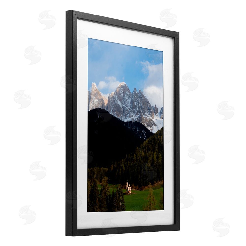 Jared Kreiss Lone Chapel in Dolomites Black Framed Print Under Glass with White Mat Wall Art
