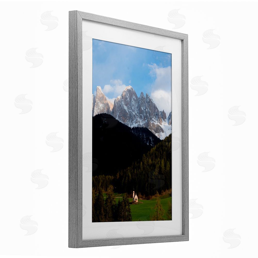 Jared Kreiss Lone Chapel in Dolomites Gray Framed Print Under Glass with White Mat Wall Art