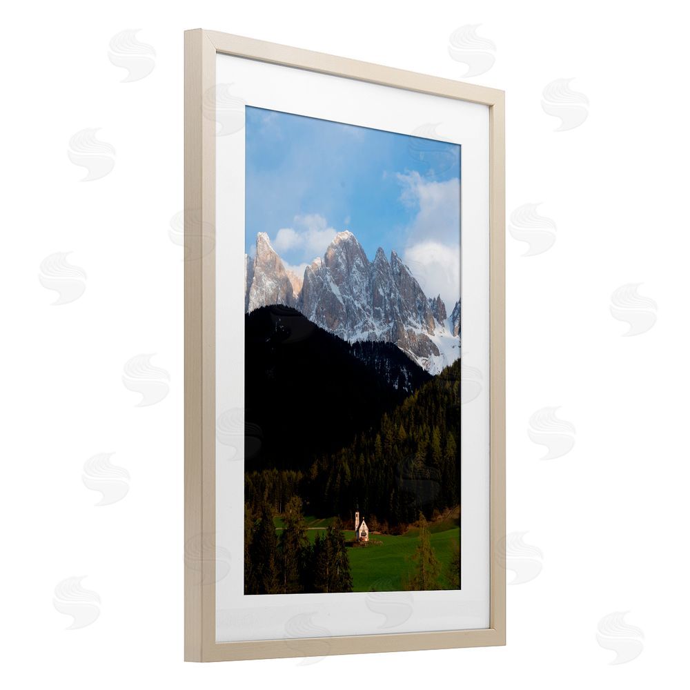 Jared Kreiss Lone Chapel in Dolomites Birch Framed Print Under Glass with White Mat Wall Art
