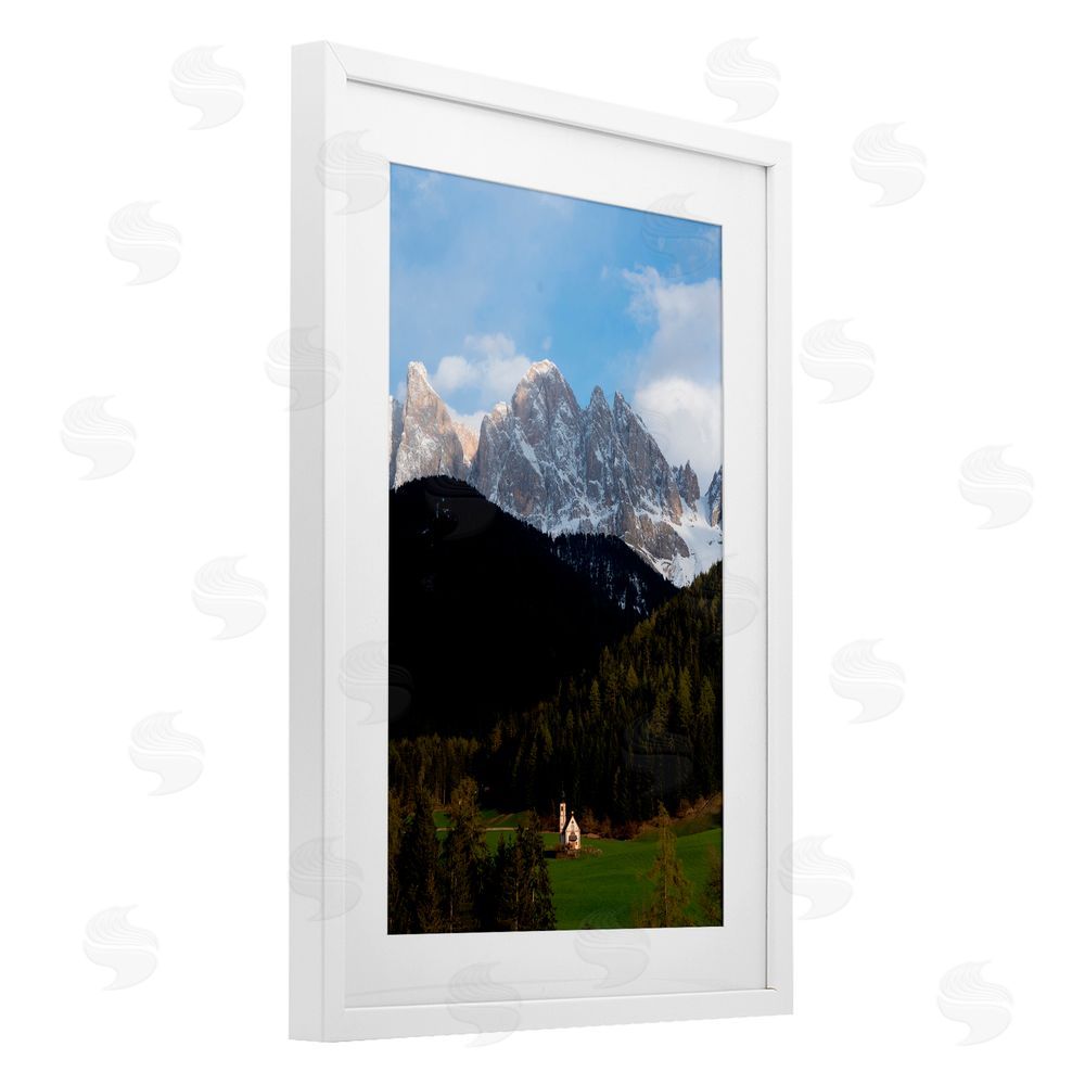 Jared Kreiss Lone Chapel in Dolomites White Framed Print Under Glass with Mat Wall Art