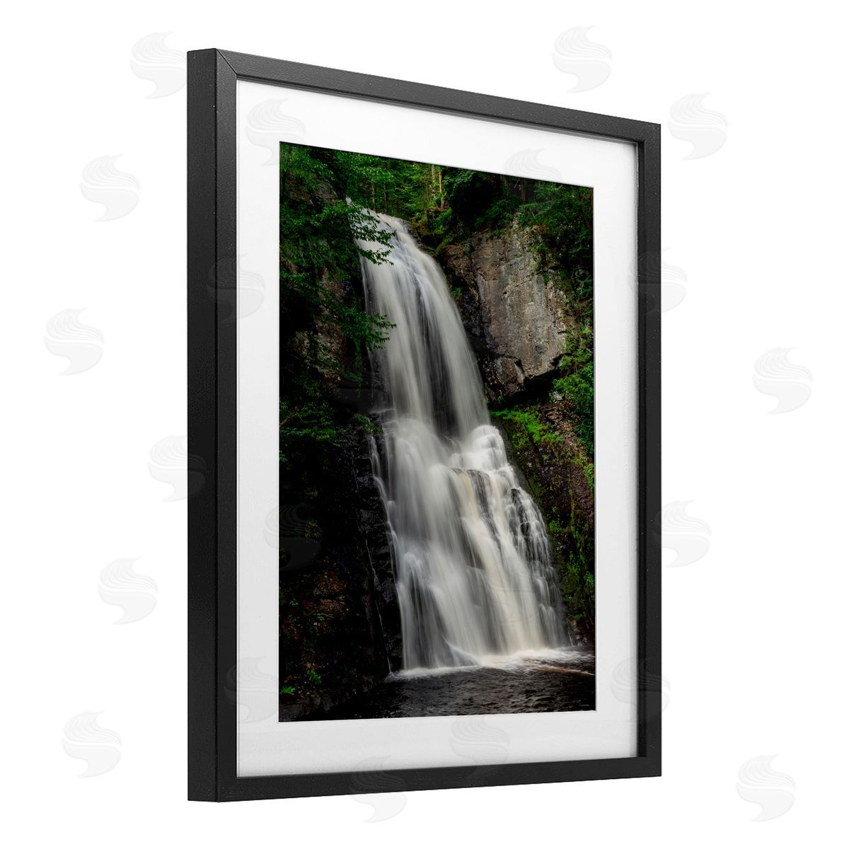 Jeff Poe Photography Lush Waterfall Flow Black Framed Print Under Glass with White Mat Wall Art