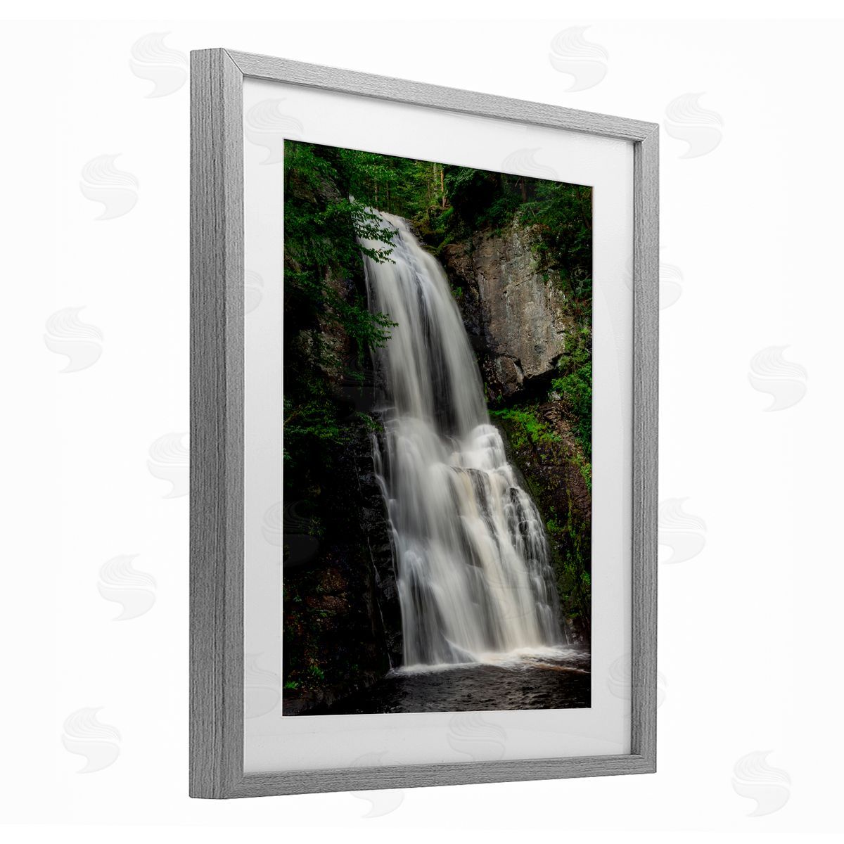Jeff Poe Photography Lush Waterfall Flow Gray Framed Print Under Glass with White Mat Wall Art