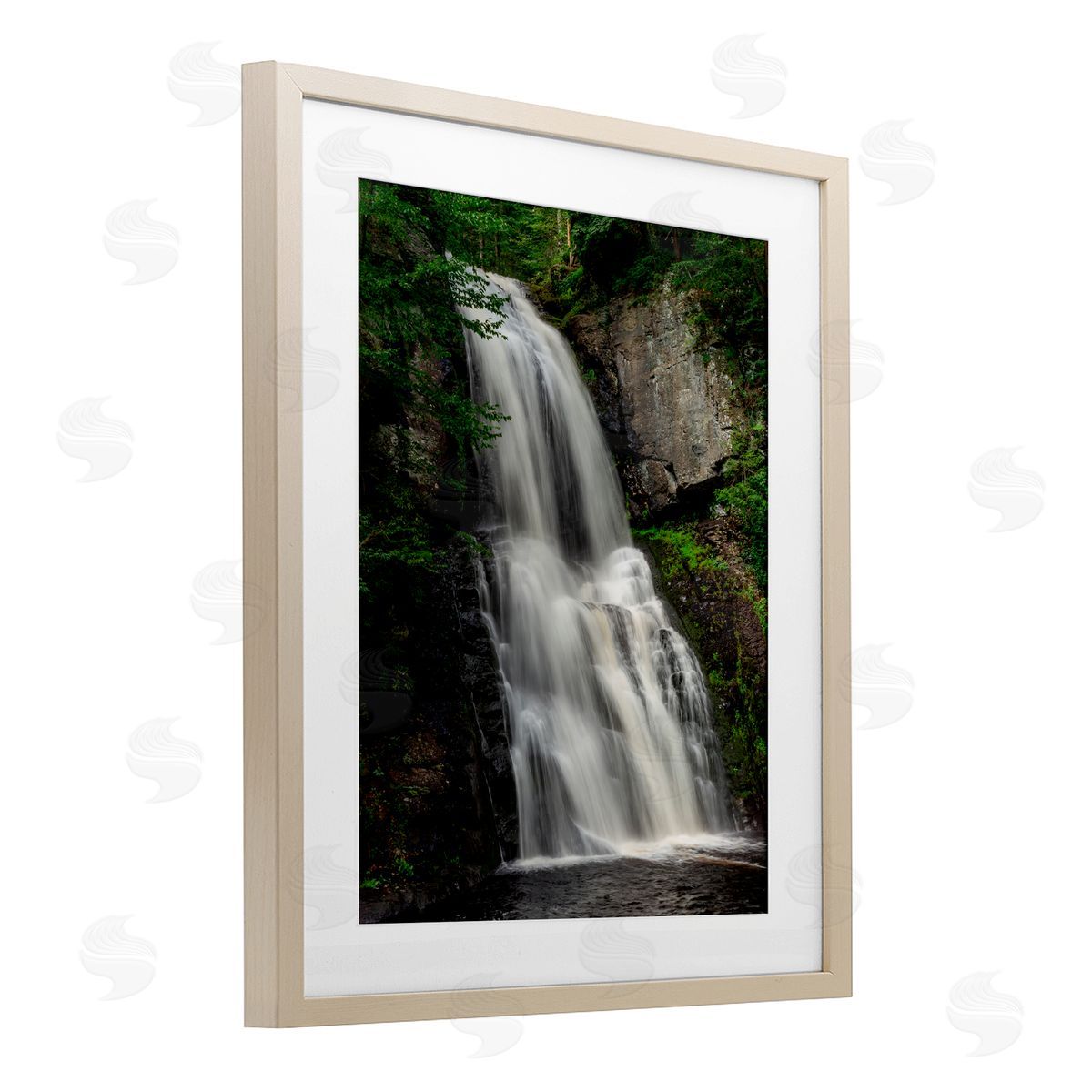Jeff Poe Photography Lush Waterfall Flow Birch Framed Print Under Glass with White Mat Wall Art