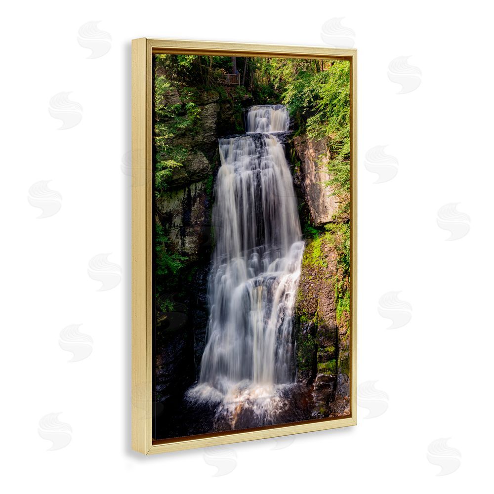 Jeff Poe Photography Cascading Forest Waterfall Gold Floating Frame Canvas Wall Art Print