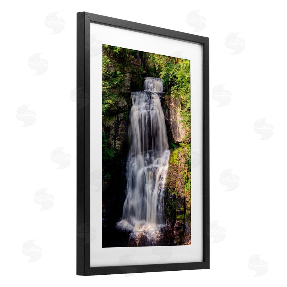 Jeff Poe Photography Cascading Forest Waterfall Black Framed Print Under Glass with White Mat Wall Art
